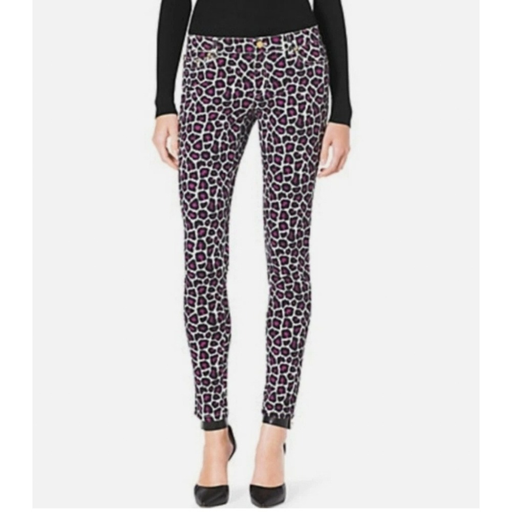 Michael Kors Pink Black Leopard Print Skinny Jeans Womens 4 Animal Print Stretch